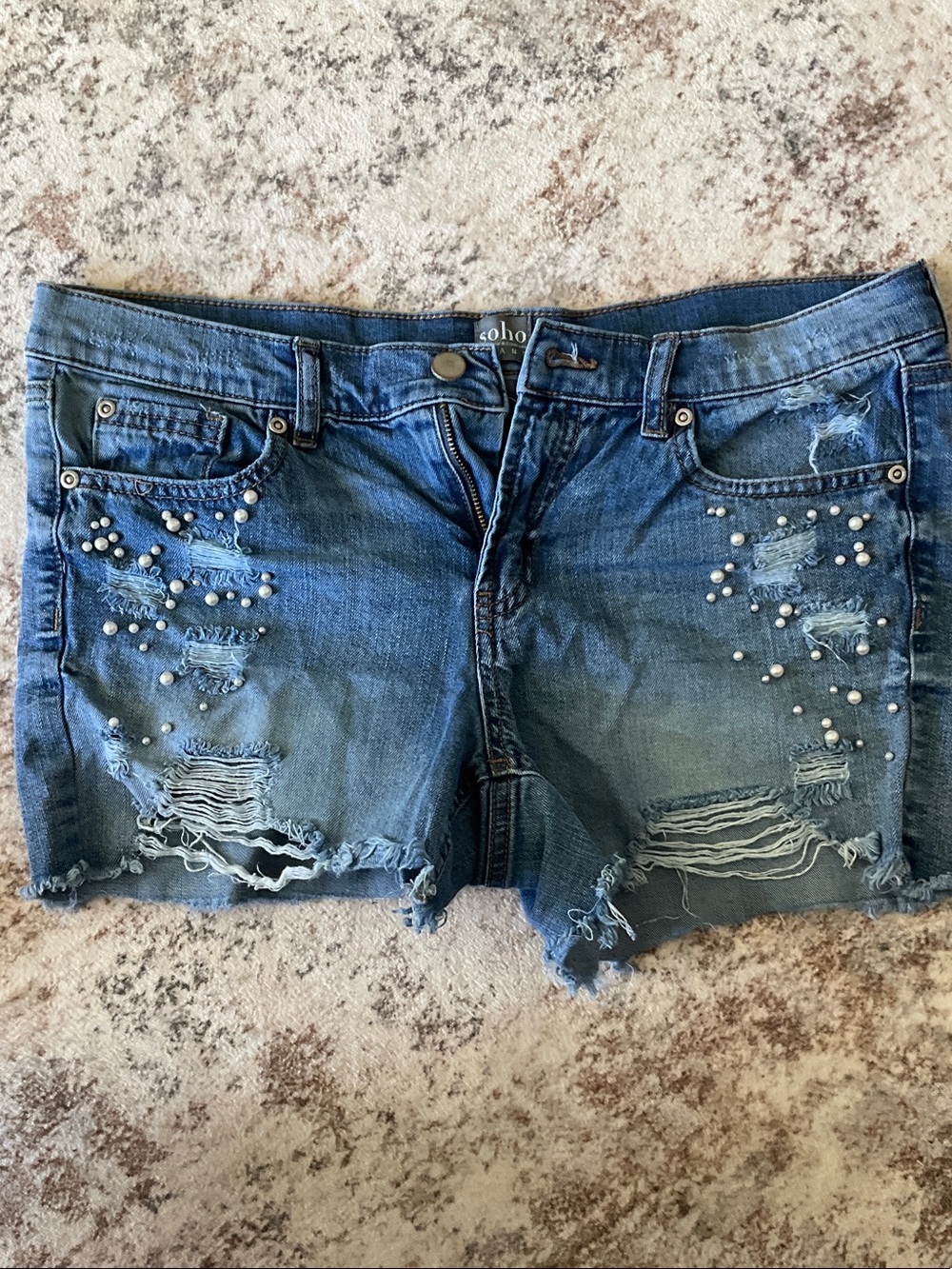 Soho Pearl-Studded Distressed Denim Shorts - Blue